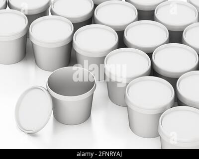 Taniche bianche con una lattina con coperchio aperto isolato su sfondo bianco. Illustrazione 3D. Foto Stock