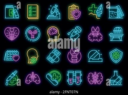 Set di icone endocrinologiste. Contorno insieme di icone vettoriali endocrinologiste colore neon su nero Illustrazione Vettoriale