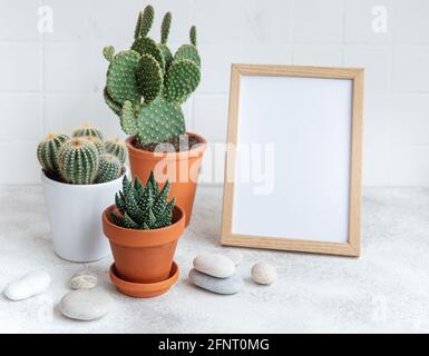 Cactus e pianta succulente in pentole e mock up poster telaio sul tavolo Foto Stock