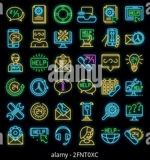 Icone del centro di assistenza impostate. Contorno insieme di icone vettoriali del centro di assistenza colore neon su nero Illustrazione Vettoriale