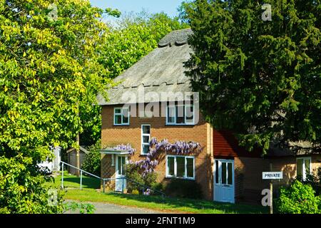 Un cottage moderno basato su un tradizionale stile di paglia nella campagna Norfolk sui Broads a Ranworth, Norfolk, Inghilterra, Regno Unito. Foto Stock