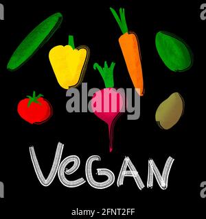 Illustrazione di verdure di serie con testo Vegan isolato su nero Foto Stock