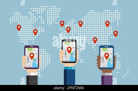 Illustrazione del banner del servizio di navigazione gps mobile. Telefono cellulare portatile con applicazione mappa. Illustrazione Vettoriale