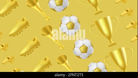 Calcio d'oro o modello di calcio con stivale d'oro, corno e coppa trofeo e palla e fischio, miglior premio torneo e gli attributi dei tifosi background Illustrazione Vettoriale