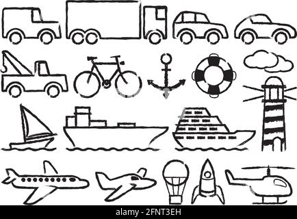 Icone di trasporto. Un set di 18 simboli con disegni di trasporto disegnati a mano. Illustrazione Vettoriale