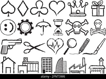 Una serie di 24 simboli di soggetti diversi disegnati a mano. Illustrazione Vettoriale