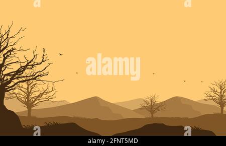 Vista realistica delle montagne con foresta secca dalla periferia della città. Illustrazione vettoriale di una città Illustrazione Vettoriale