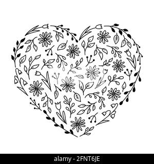 Elementi floreali a forma di cuore. Chamomiles, tulipani, ramoscelli e foglie in stile doodle. Illustrazione vettoriale disegnata a mano. Modello per la progettazione di biglietti d'auguri, inviti, copertine. Illustrazione Vettoriale