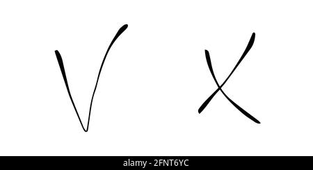 croci e segni di spunta gli schizzi vettoriali isolati. Sì no icone mano disegno contorno nero Foto Stock