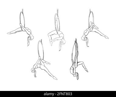 Circus ragazza ginnastica esecuzione di danza aria. Antenna acrobat isolata su sfondo bianco. Illustrazione vettoriale dello schizzo Illustrazione Vettoriale