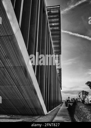 Immagine in scala di grigi di un alto edificio moderno Foto Stock