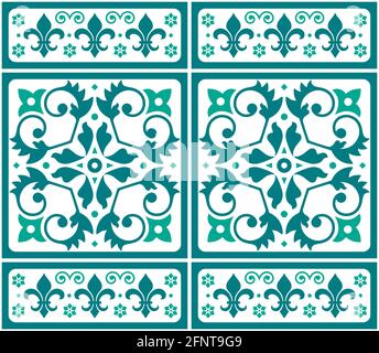 Lisbona, stile portoghese piastrelle Azulejo senza cuciture vettoriali motivo verde e bianco, elegante design decorativo con motivi floreali e forme fleur de lis Illustrazione Vettoriale