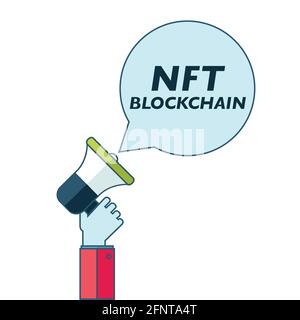 Concetto di NFT con megafono, token non fungibile, vettore su bianco Illustrazione Vettoriale