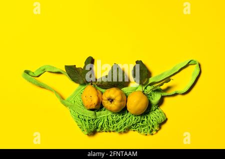 Fila di mele di mele cotogne con foglie naturali in una borsa da shopping a rete verde. Disposizione piatta su sfondo di carta giallo. Frutta e foglie hanno imperfe naturale Foto Stock