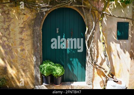 Facciata rurale casa con una parete di stucco intemperie e una porta di legno ad arco verde con piante di basilico nel villaggio di Aroniadika, isola di Kythira Attica Grecia. Foto Stock