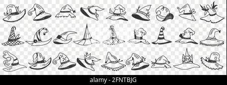 Set di doodle per gli stili dei cappelli GNOME. Collezione di disegni a mano varie forme e disegni di gnomi caps singoli accessori tradizionali in file isolate su sfondo trasparente Illustrazione Vettoriale