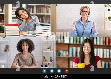 Formazione online. Gruppo di studentesse con la loro insegnante che ha videochiamata, vista dello schermo del monitor Foto Stock