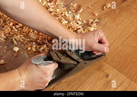 Piallatrice in mani su uno sfondo di trucioli di legno Foto Stock