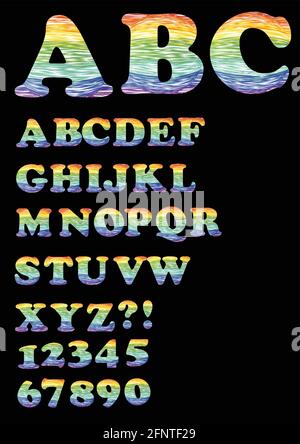 Alfabeto - Set in maiuscolo nel design trendy arcobaleno doodle, include anche numeri, punto interrogativo e punto esclamativo Illustrazione Vettoriale