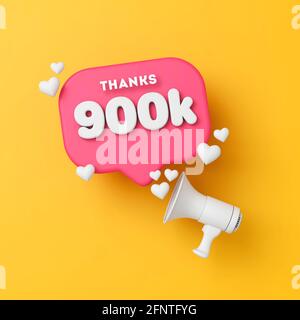 900 mila seguaci social media grazie banner. Rendering 3D Foto Stock