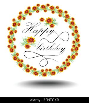 Felice manifesto di compleanno con elegante iscrizione calligrafica in corona floreale multicolore, EPS 10 vettore con ombra Illustrazione Vettoriale