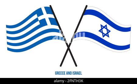 Grecia e Israele Bandiere incrociate e ondulate stile piatto. Proporzione ufficiale. Colori corretti. Illustrazione Vettoriale