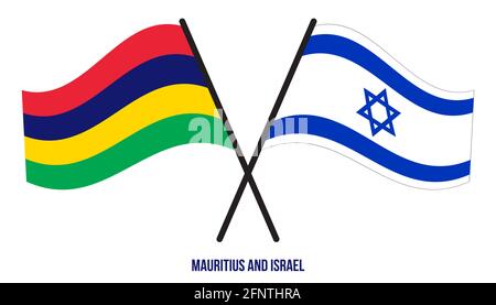 Mauritius e Israele Bandiere incrociate e ondeggianti stile piatto. Proporzione ufficiale. Colori corretti. Illustrazione Vettoriale