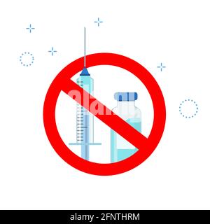 Nessuna vaccinazione. Pericolo segno cerchio. Segnale di stop rosso isolato su sfondo bianco. Icona siringa e iniezione. Interrompere il vaccino. Illustrazione vettoriale barra rossa Illustrazione Vettoriale