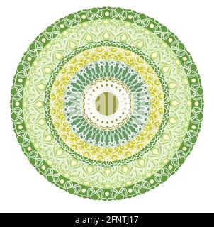 Mandala verde per ottenere energia ed energia. Ricco mandala modellato per l'allenamento di meditazione. Motivi filigrana in pizzo su sfondo verde circolare. Illustrazione Vettoriale