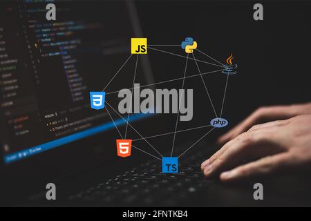 Programmazione di persone su computer con una varietà di linguaggi di programmazione Foto Stock