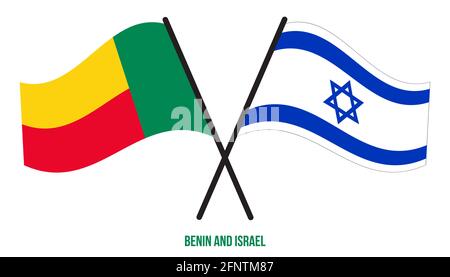 Benin e Israele Bandiere incrociate e ondulate stile piatto. Proporzione ufficiale. Colori corretti. Illustrazione Vettoriale