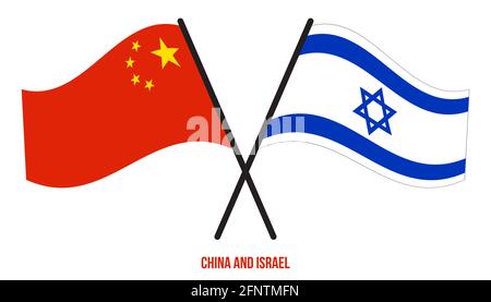 Cina e Israele Bandiere incrociate e ondeggianti stile piatto. Proporzione ufficiale. Colori corretti. Illustrazione Vettoriale