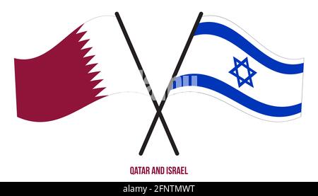 Qatar e Israele Bandiere incrociate e ondulate stile piatto. Proporzione ufficiale. Colori corretti. Illustrazione Vettoriale