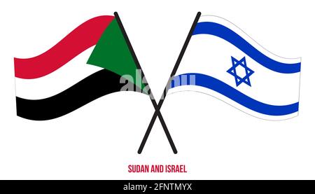 Sudan e Israele Bandiere incrociate e ondeggianti stile piatto. Proporzione ufficiale. Colori corretti. Illustrazione Vettoriale