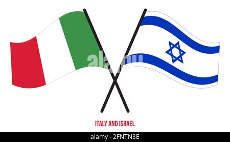 Italia e Israele Bandiere incrociate e ondulate in stile piatto. Proporzione ufficiale. Colori corretti. Illustrazione Vettoriale