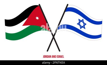 Jordan e Israele Bandiere incrociate e ondeggianti stile piatto. Proporzione ufficiale. Colori corretti. Illustrazione Vettoriale