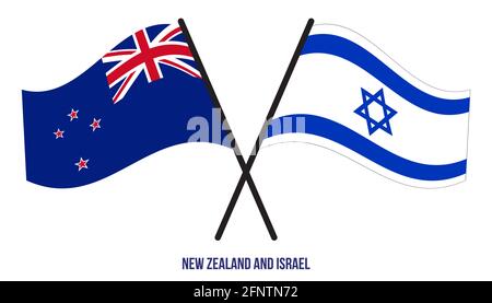 New Zealand e Israele Bandiere incrociate e ondeggianti stile piatto. Proporzione ufficiale. Colori corretti. Illustrazione Vettoriale