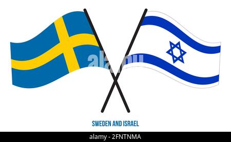 Svezia e Israele Bandiere incrociate e ondeggianti stile piatto. Proporzione ufficiale. Colori corretti. Illustrazione Vettoriale