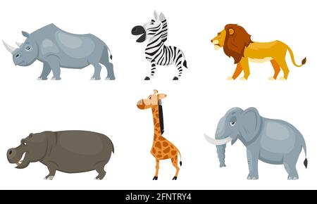 Set di animali africani vista laterale. Fauna selvatica abitanti in stile cartoon. Illustrazione Vettoriale