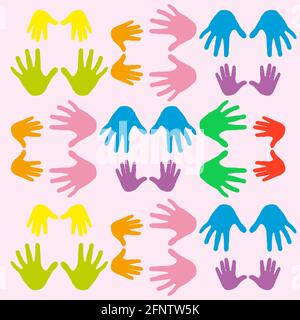 Giornata internazionale dei bambini. Concetto dell'evento. Palme per bambini. Coppie di mani grandi e piccole Illustrazione Vettoriale