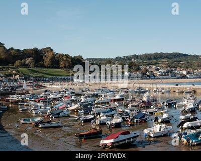 Barche ormeggiate a Lyme Regis Harbour, Lyme Regis, Dorset, Regno Unito, 2019. Foto Stock