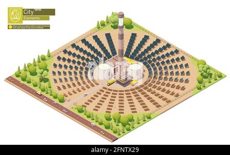 Centrale o stazione di energia solare concentrata isometrica vettoriale Illustrazione Vettoriale