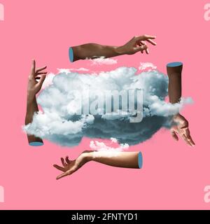 Mani estetiche su sfondo luminoso, opere d'arte. Concetto di relazione umana, comunità, unità Foto Stock