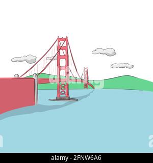 Golden Gate Bridge, San Francisco CA USA illustrazione disegnata a mano vettore Illustrazione Vettoriale