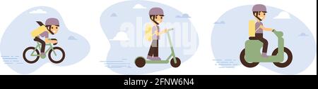 Concetto di servizio di consegna online, monitoraggio degli ordini online, consegna a domicilio e in ufficio. Magazzino, camion, drone, scooter e corriere per biciclette, addetto alla consegna A. Illustrazione Vettoriale
