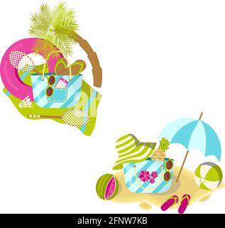 Set di due composizioni di spiaggia estiva trasparenti isolate disegnate un cartone animato in stile piatto Illustrazione Vettoriale