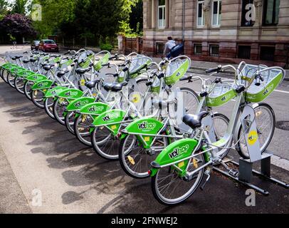 Noleggio di più biciclette disponibile tramite il servizio automatico Velhop Foto Stock