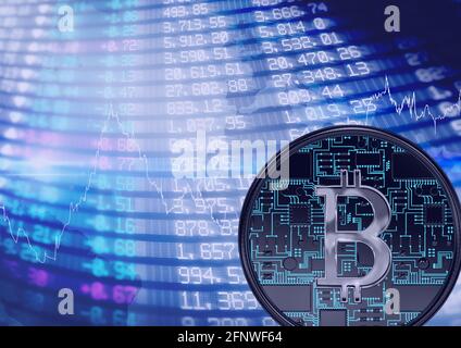 Simbolo bitcoin Numericq rispetto ai dati del mercato azionario e al blu di analisi concetto di fondo Foto Stock