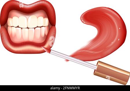 Set per il make-up delle labbra con crema realistica, rossetto liquido realistico e labbra. Illustrazione Vettoriale