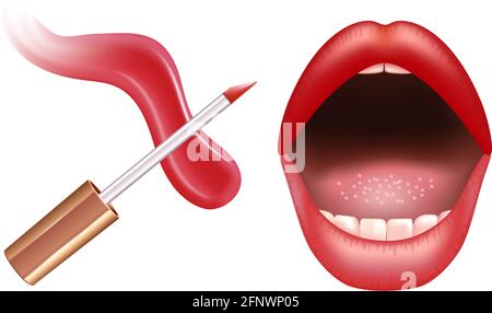 Set per il make-up delle labbra con crema realistica, rossetto liquido realistico e labbra. Illustrazione Vettoriale
